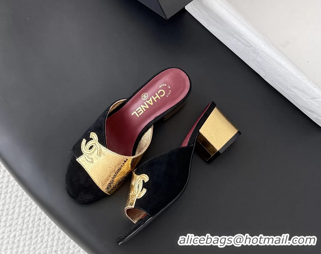 Original Cheap Chanel CC Logo Gold Metal Leather and Black Suede Heeled Slides Sandals 6051601
