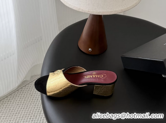 Original Cheap Chanel CC Logo Gold Metal Leather and Black Suede Heeled Slides Sandals 6051601