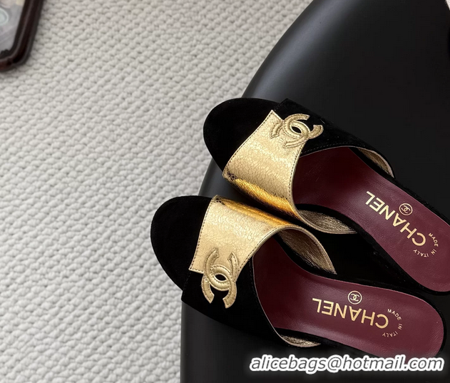Original Cheap Chanel CC Logo Gold Metal Leather and Black Suede Heeled Slides Sandals 6051601