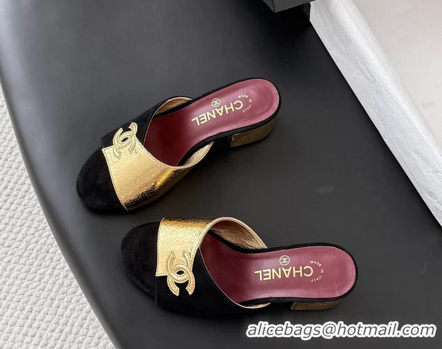 Original Cheap Chanel CC Logo Gold Metal Leather and Black Suede Heeled Slides Sandals 6051601
