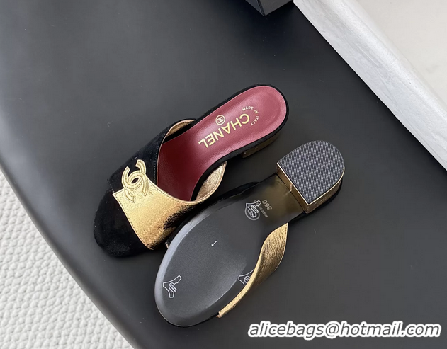 Original Cheap Chanel CC Logo Gold Metal Leather and Black Suede Heeled Slides Sandals 6051601