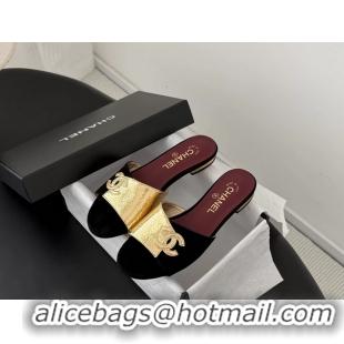 Grade Quality Chanel CC Logo Gold Calf Leather and Black Suede Flats Slides Sandals 6051602