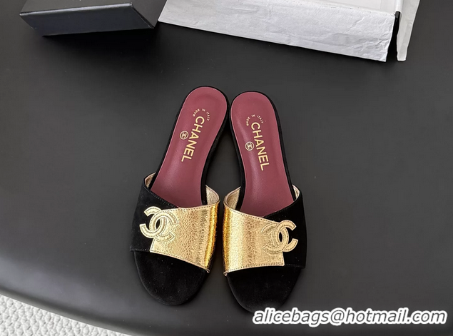 Grade Quality Chanel CC Logo Gold Calf Leather and Black Suede Flats Slides Sandals 6051602