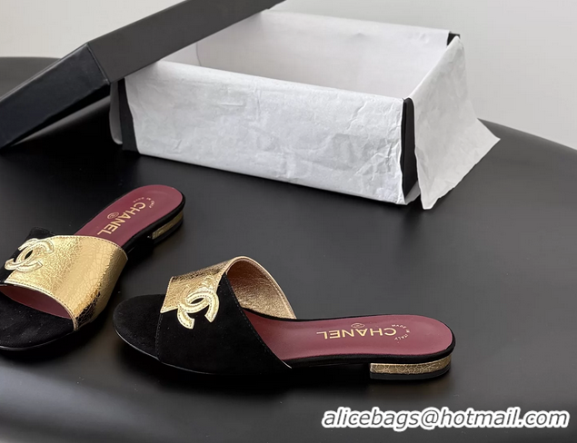 Grade Quality Chanel CC Logo Gold Calf Leather and Black Suede Flats Slides Sandals 6051602