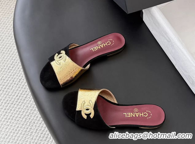 Grade Quality Chanel CC Logo Gold Calf Leather and Black Suede Flats Slides Sandals 6051602