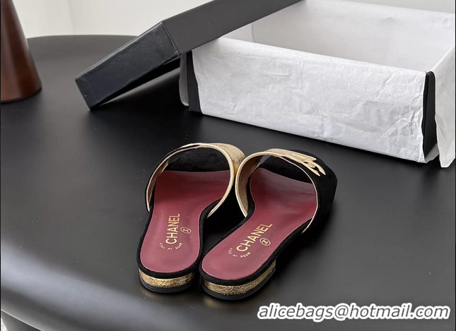 Grade Quality Chanel CC Logo Gold Calf Leather and Black Suede Flats Slides Sandals 6051602