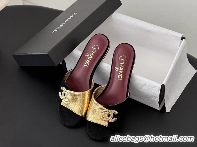 Grade Quality Chanel CC Logo Gold Calf Leather and Black Suede Flats Slides Sandals 6051602
