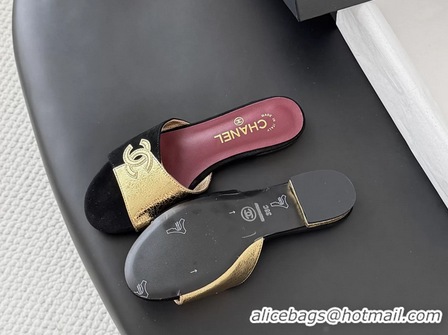 Grade Quality Chanel CC Logo Gold Calf Leather and Black Suede Flats Slides Sandals 6051602