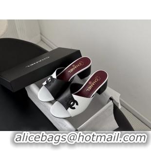 Purchase Chanel CC Logo Black White Calf Leather Heeled Slides Sandals 6051601