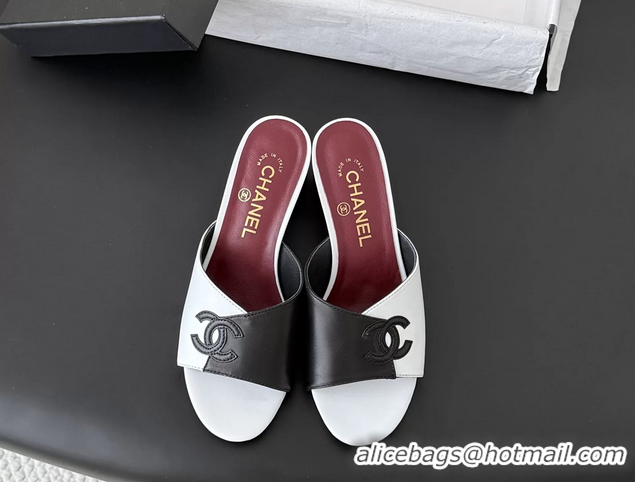 Purchase Chanel CC Logo Black White Calf Leather Heeled Slides Sandals 6051601