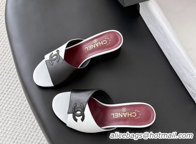 Purchase Chanel CC Logo Black White Calf Leather Heeled Slides Sandals 6051601