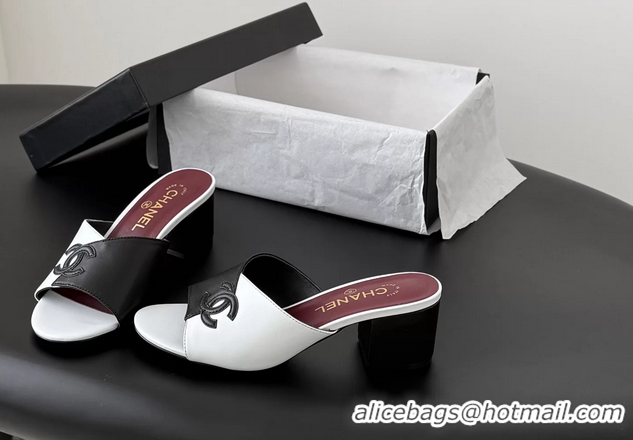 Purchase Chanel CC Logo Black White Calf Leather Heeled Slides Sandals 6051601