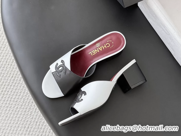 Purchase Chanel CC Logo Black White Calf Leather Heeled Slides Sandals 6051601