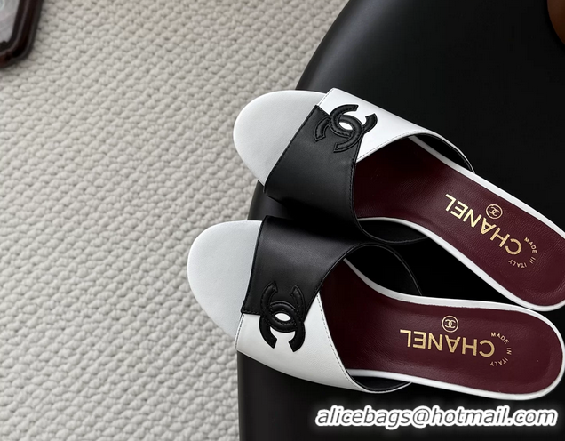 Purchase Chanel CC Logo Black White Calf Leather Heeled Slides Sandals 6051601
