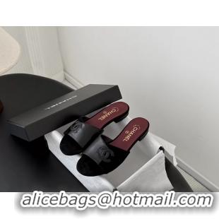Top Grade Chanel CC Logo Black Calf Leather and Suede Flats Slides Sandals 6051602