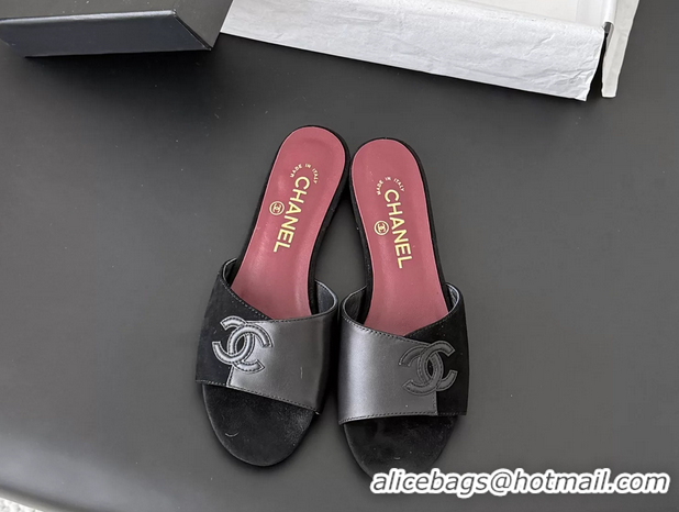 Top Grade Chanel CC Logo Black Calf Leather and Suede Flats Slides Sandals 6051602