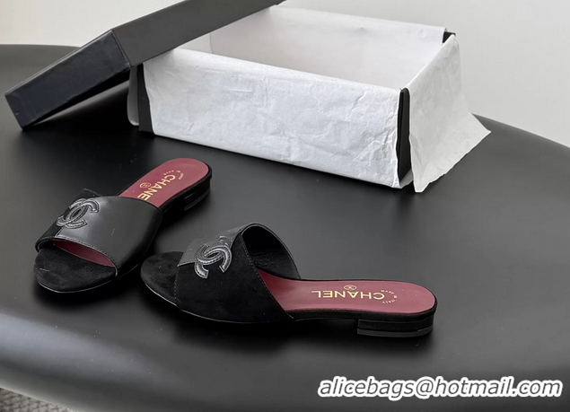 Top Grade Chanel CC Logo Black Calf Leather and Suede Flats Slides Sandals 6051602