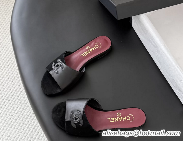 Top Grade Chanel CC Logo Black Calf Leather and Suede Flats Slides Sandals 6051602