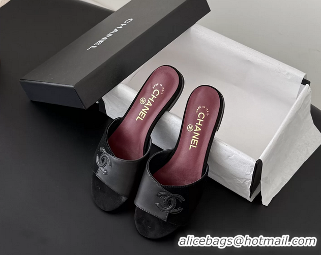 Top Grade Chanel CC Logo Black Calf Leather and Suede Flats Slides Sandals 6051602