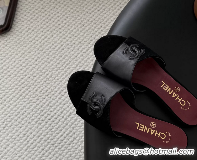 Top Grade Chanel CC Logo Black Calf Leather and Suede Flats Slides Sandals 6051602