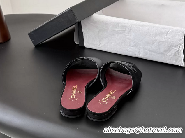 Top Grade Chanel CC Logo Black Calf Leather and Suede Flats Slides Sandals 6051602