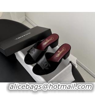 Unique Style Chanel CC Logo Black Calf Leather and Black Suede Heeled Slides Sandals 6051601