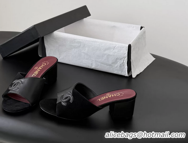 Unique Style Chanel CC Logo Black Calf Leather and Black Suede Heeled Slides Sandals 6051601