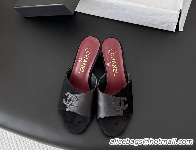 Unique Style Chanel CC Logo Black Calf Leather and Black Suede Heeled Slides Sandals 6051601
