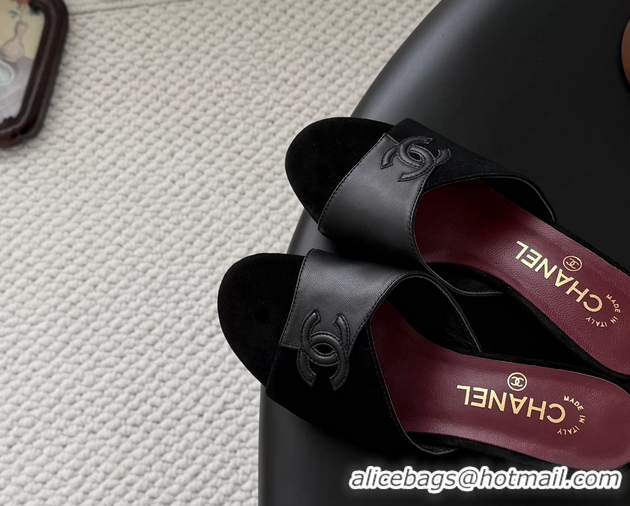 Unique Style Chanel CC Logo Black Calf Leather and Black Suede Heeled Slides Sandals 6051601