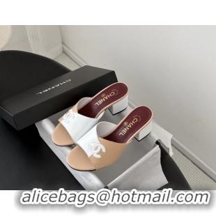 Good Quality Chanel CC Logo Beige White Calf Leather Heeled Slides Sandals 6051601