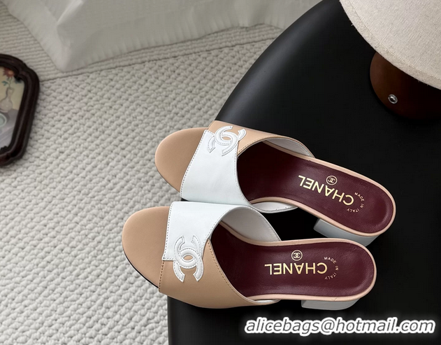 Good Quality Chanel CC Logo Beige White Calf Leather Heeled Slides Sandals 6051601