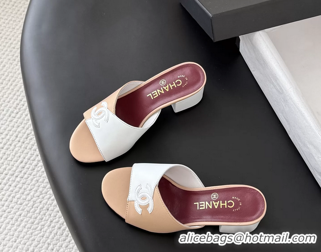 Good Quality Chanel CC Logo Beige White Calf Leather Heeled Slides Sandals 6051601