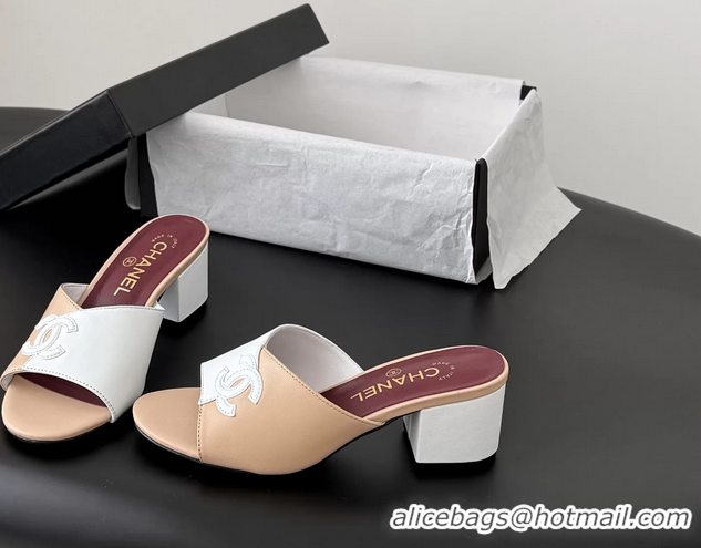 Good Quality Chanel CC Logo Beige White Calf Leather Heeled Slides Sandals 6051601
