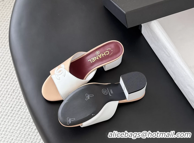 Good Quality Chanel CC Logo Beige White Calf Leather Heeled Slides Sandals 6051601