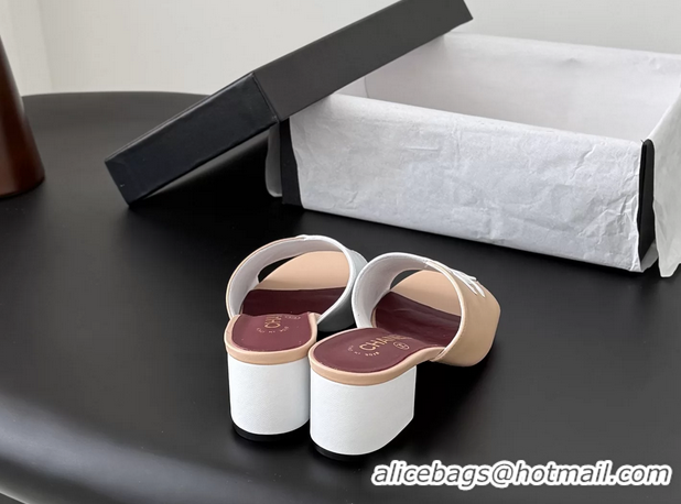Good Quality Chanel CC Logo Beige White Calf Leather Heeled Slides Sandals 6051601