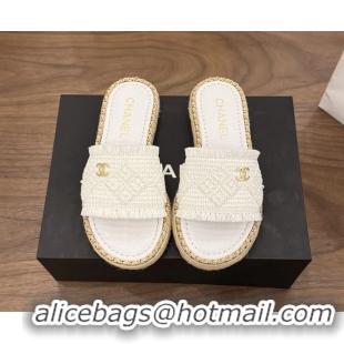 Best Price Chanel CC Crochet Flat Slides Sandals with Chain White 6051603