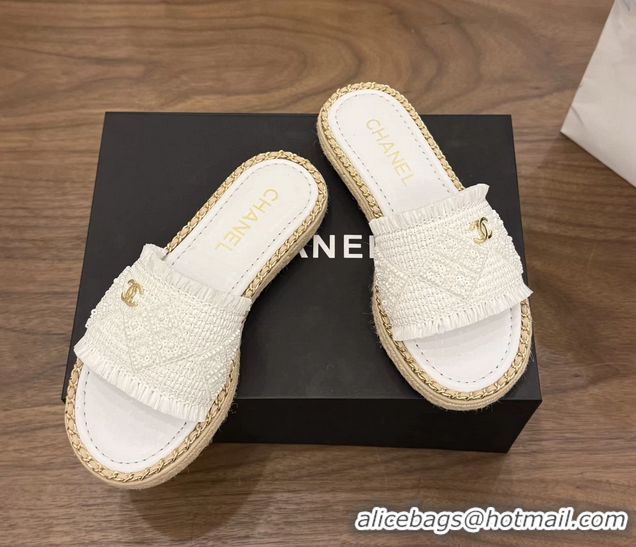 Best Price Chanel CC Crochet Flat Slides Sandals with Chain White 6051603