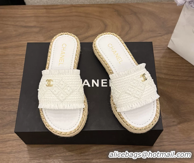 Best Price Chanel CC Crochet Flat Slides Sandals with Chain White 6051603