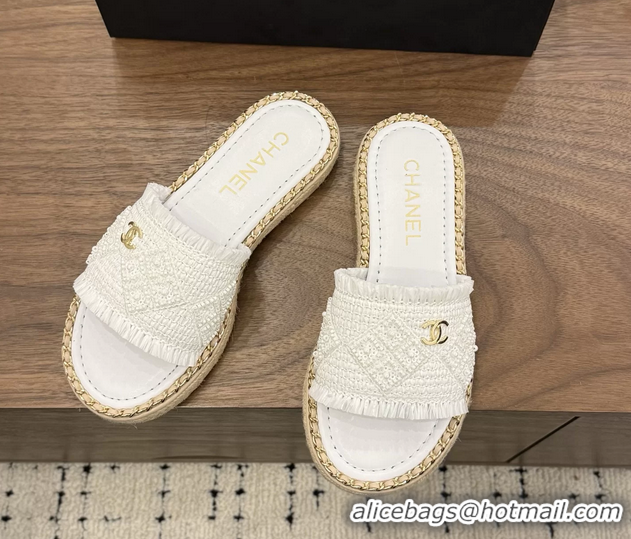 Best Price Chanel CC Crochet Flat Slides Sandals with Chain White 6051603