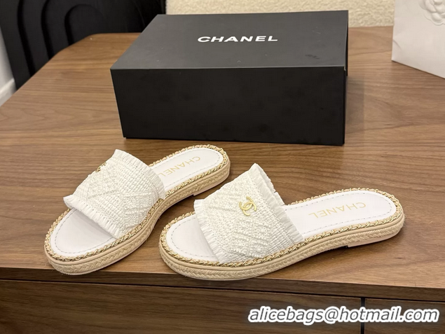 Best Price Chanel CC Crochet Flat Slides Sandals with Chain White 6051603