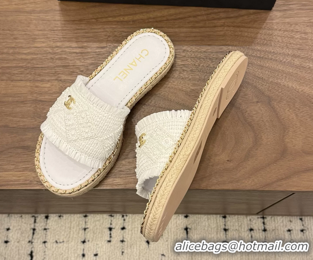 Best Price Chanel CC Crochet Flat Slides Sandals with Chain White 6051603