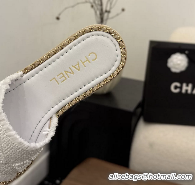 Best Price Chanel CC Crochet Flat Slides Sandals with Chain White 6051603