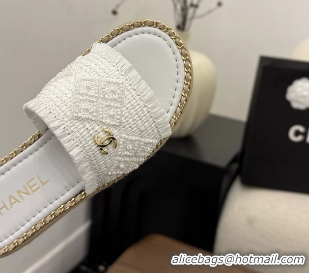 Best Price Chanel CC Crochet Flat Slides Sandals with Chain White 6051603