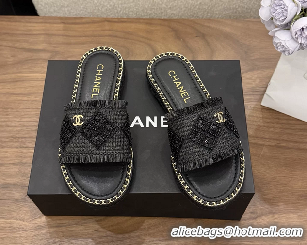 Original Cheap Chanel CC Crochet Flat Slides Sandals with Chain Black 6051603