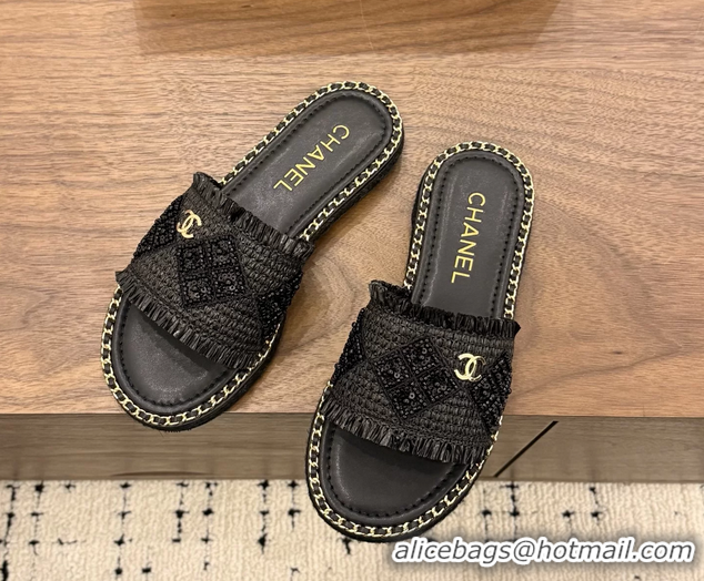 Original Cheap Chanel CC Crochet Flat Slides Sandals with Chain Black 6051603