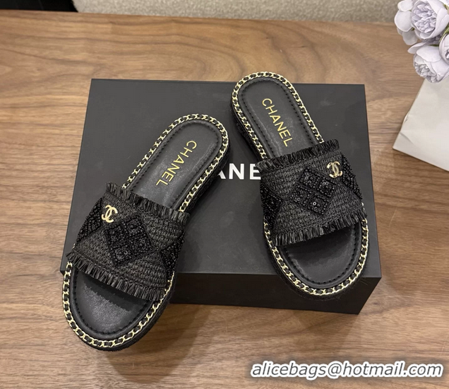 Original Cheap Chanel CC Crochet Flat Slides Sandals with Chain Black 6051603