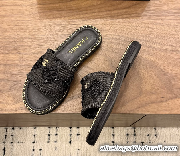 Original Cheap Chanel CC Crochet Flat Slides Sandals with Chain Black 6051603