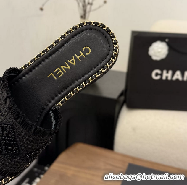 Original Cheap Chanel CC Crochet Flat Slides Sandals with Chain Black 6051603