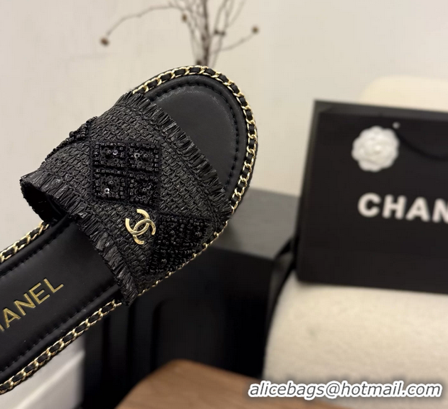 Original Cheap Chanel CC Crochet Flat Slides Sandals with Chain Black 6051603