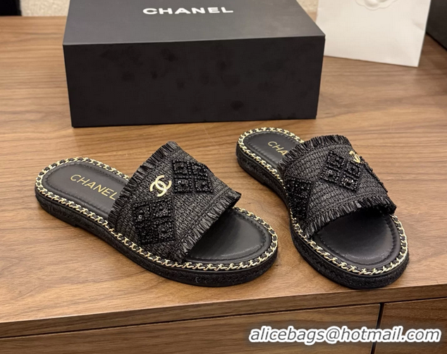 Original Cheap Chanel CC Crochet Flat Slides Sandals with Chain Black 6051603